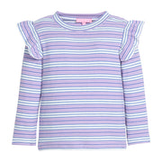 Girls/tween long sleeve knit top in blue/purple/white stripe that features a slight angel sleeve detail at sleeves to elevate the look. 