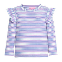 Girls/tween long sleeve knit top in blue/purple/white stripe that features a slight angel sleeve detail at sleeves to elevate the look. 