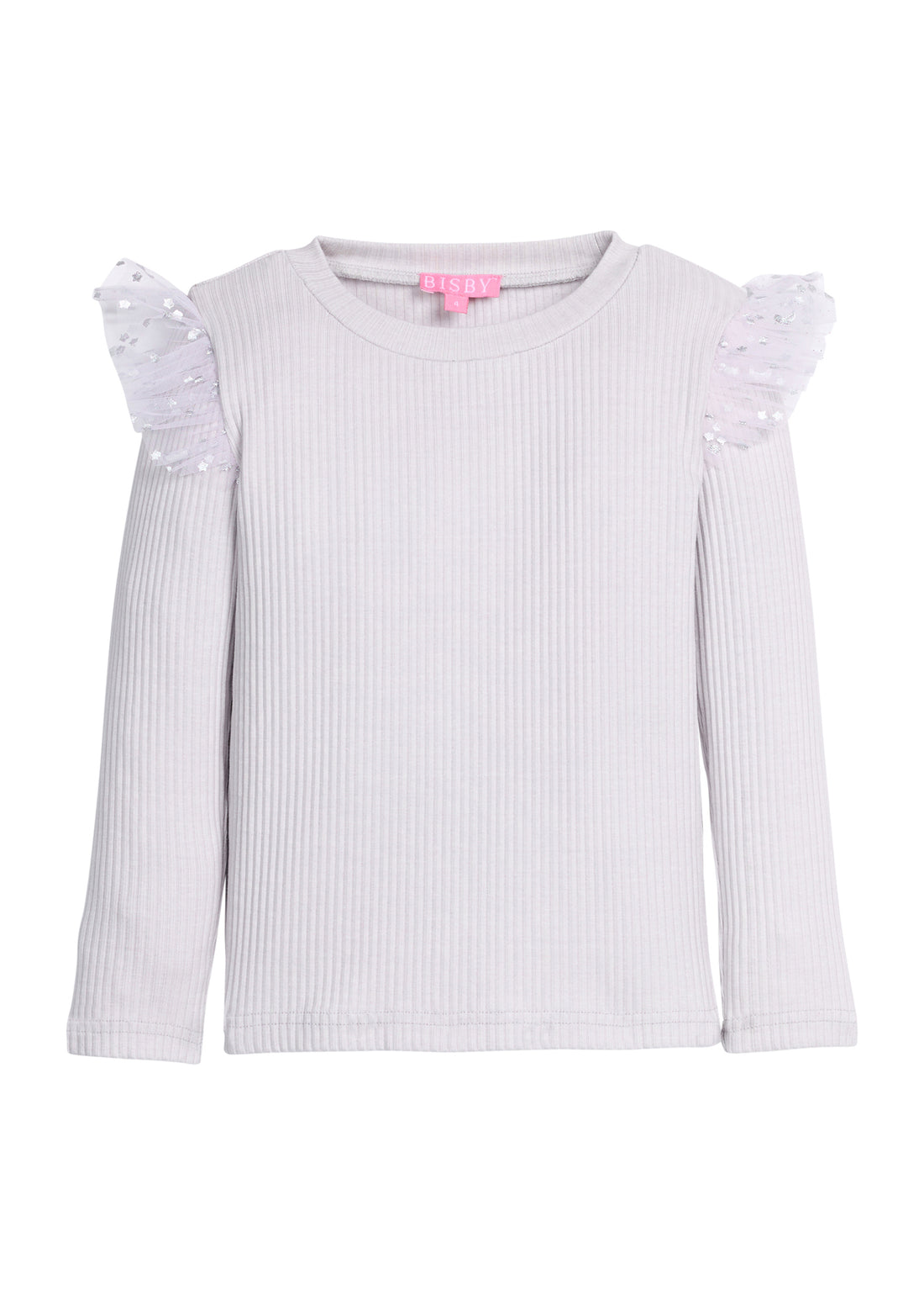 Light gray ribbed long-sleeve top with tulle with silver stars on the shoulders.