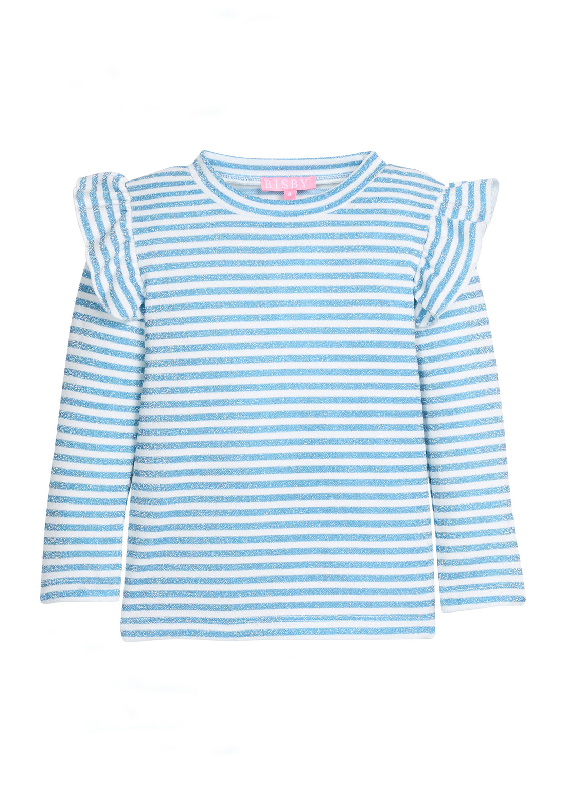 Girls/tween blue and white sparkle striped long-sleeve knit shirt that features angel sleeve detail at sleeves to elevate the look. 