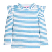 Girls/tween blue and white sparkle striped long-sleeve knit shirt that features angel sleeve detail at sleeves to elevate the look. 