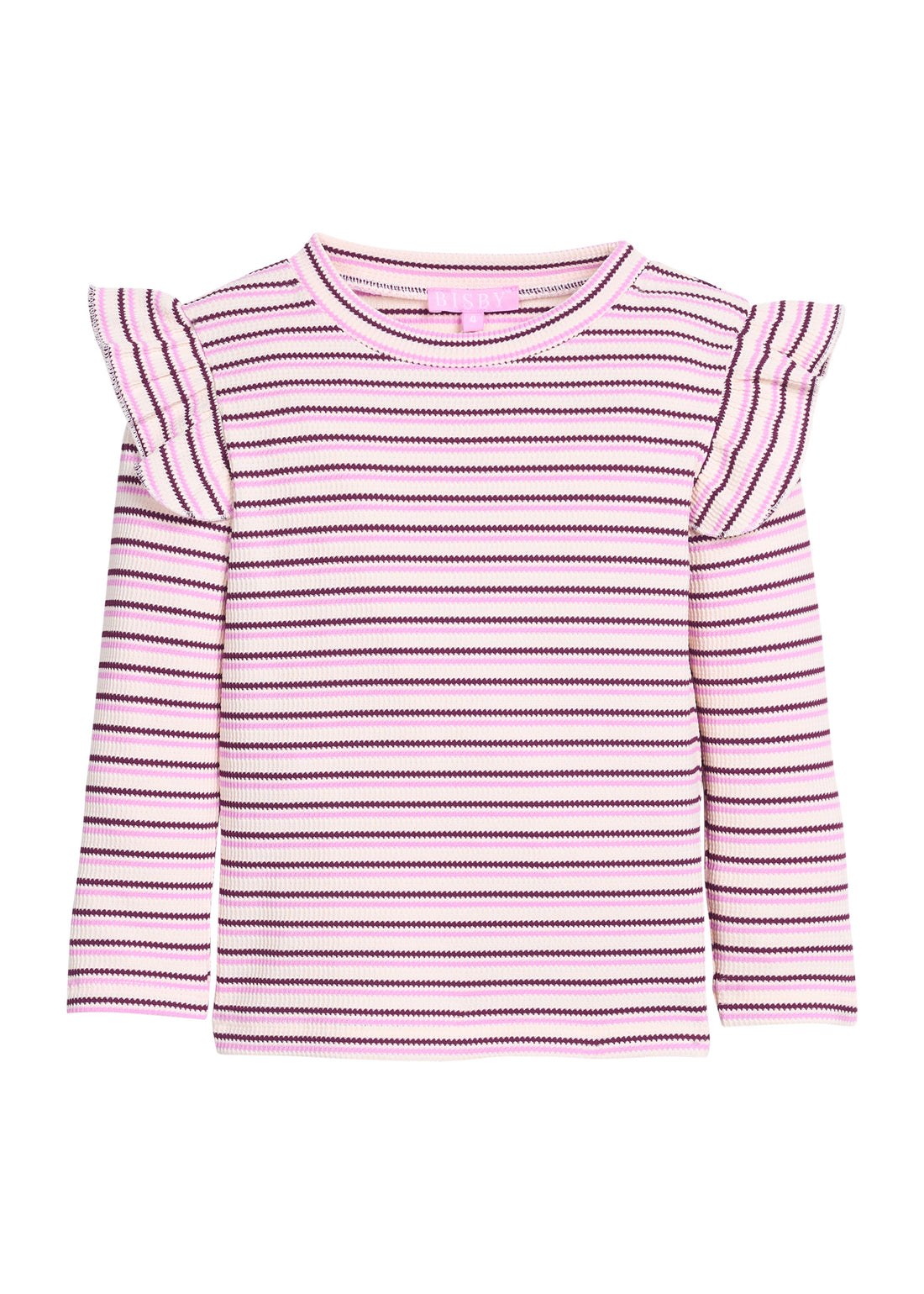 Girls/tween long sleeve knit top in cranberry/pink/white stripe that features a slight angel sleeve detail at sleeves to elevate the look. 