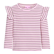 Girls/tween long sleeve knit top in cranberry/pink/white stripe that features a slight angel sleeve detail at sleeves to elevate the look. 