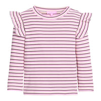 Girls/tween long sleeve knit top in cranberry/pink/white stripe that features a slight angel sleeve detail at sleeves to elevate the look. 