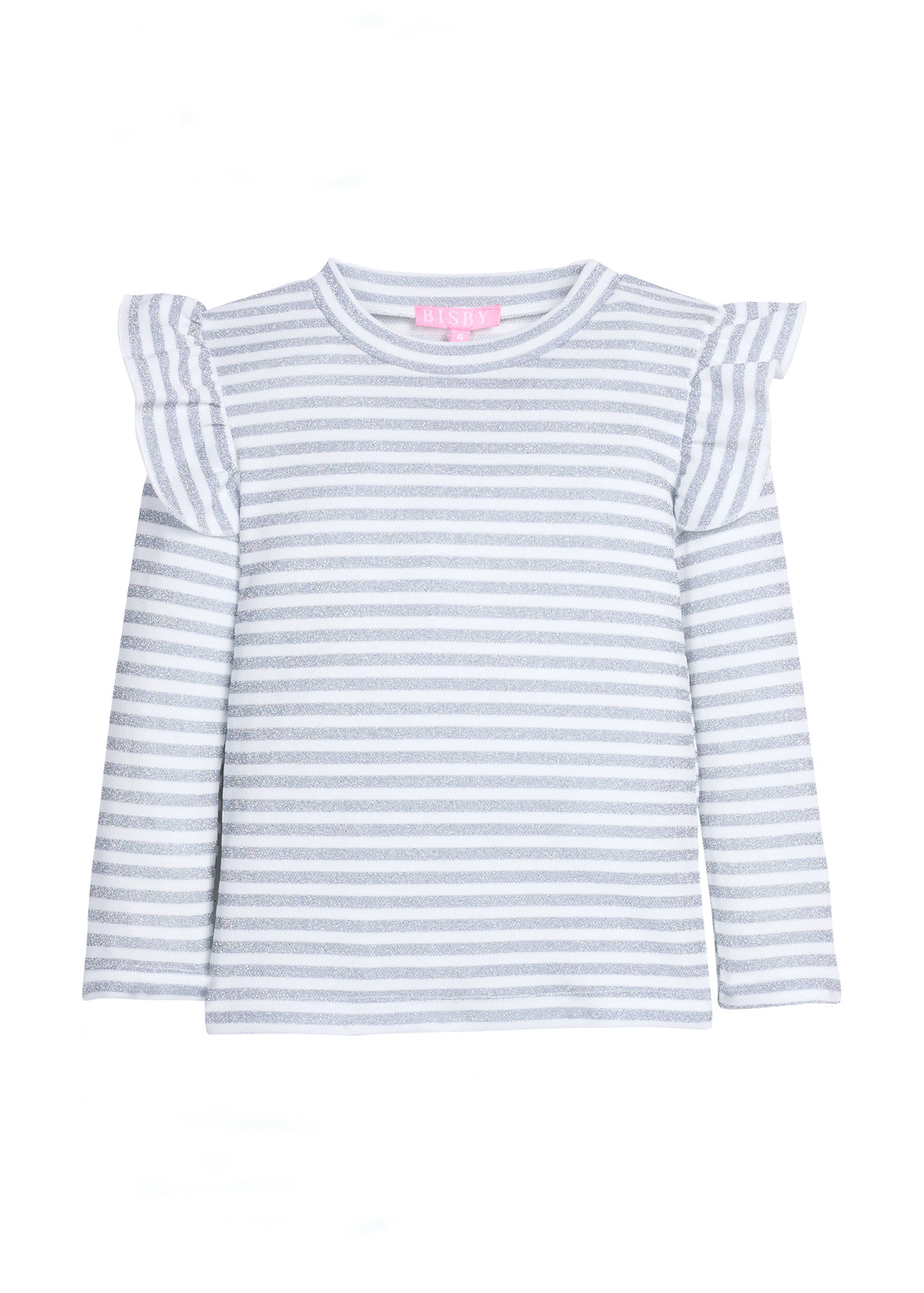 Girls/tween white and sparkly silver striped long-sleeve shirt with ruffled angel sleeve detail at shoulders.
