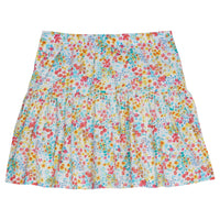 Girl/tween skort with built in shorts, elastic waistband, and ruching along bottom half. Skort has a floral print that contains yellow, red, and blue flowers.