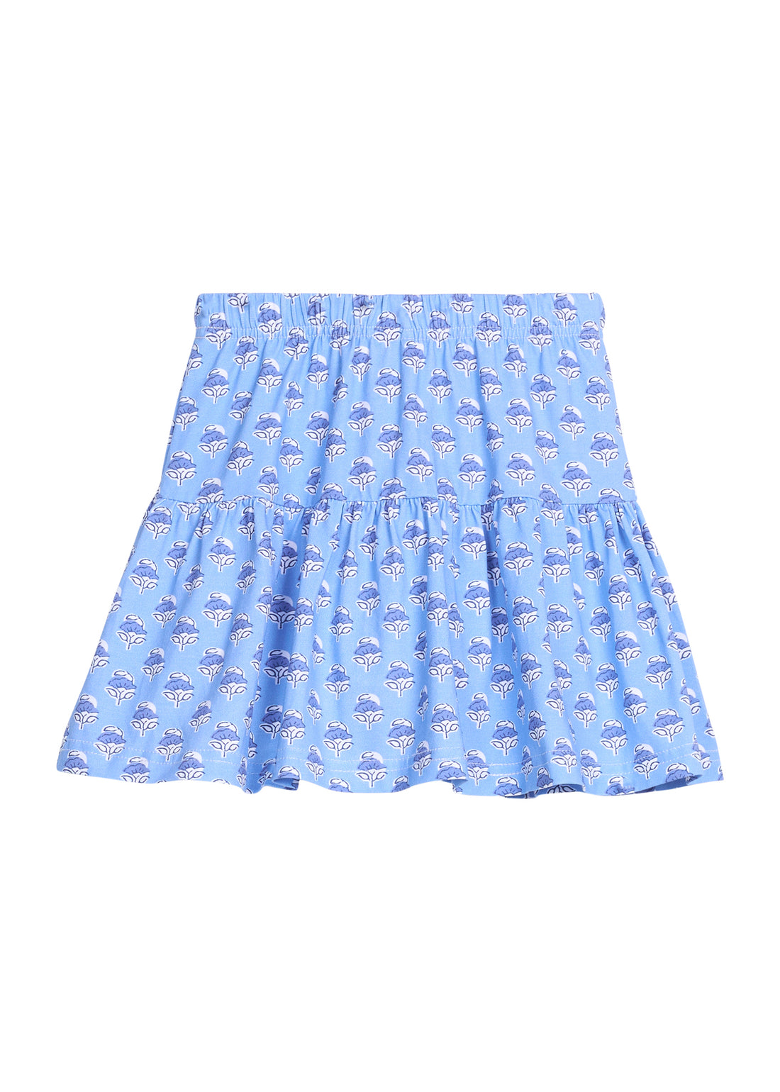 Girls/tween blue floral print knit skort that features an elastic waistband and built in shorts for a secure but relaxed fit.