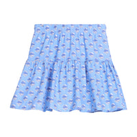Girls/tween blue floral print knit skort that features an elastic waistband and built in shorts for a secure but relaxed fit.