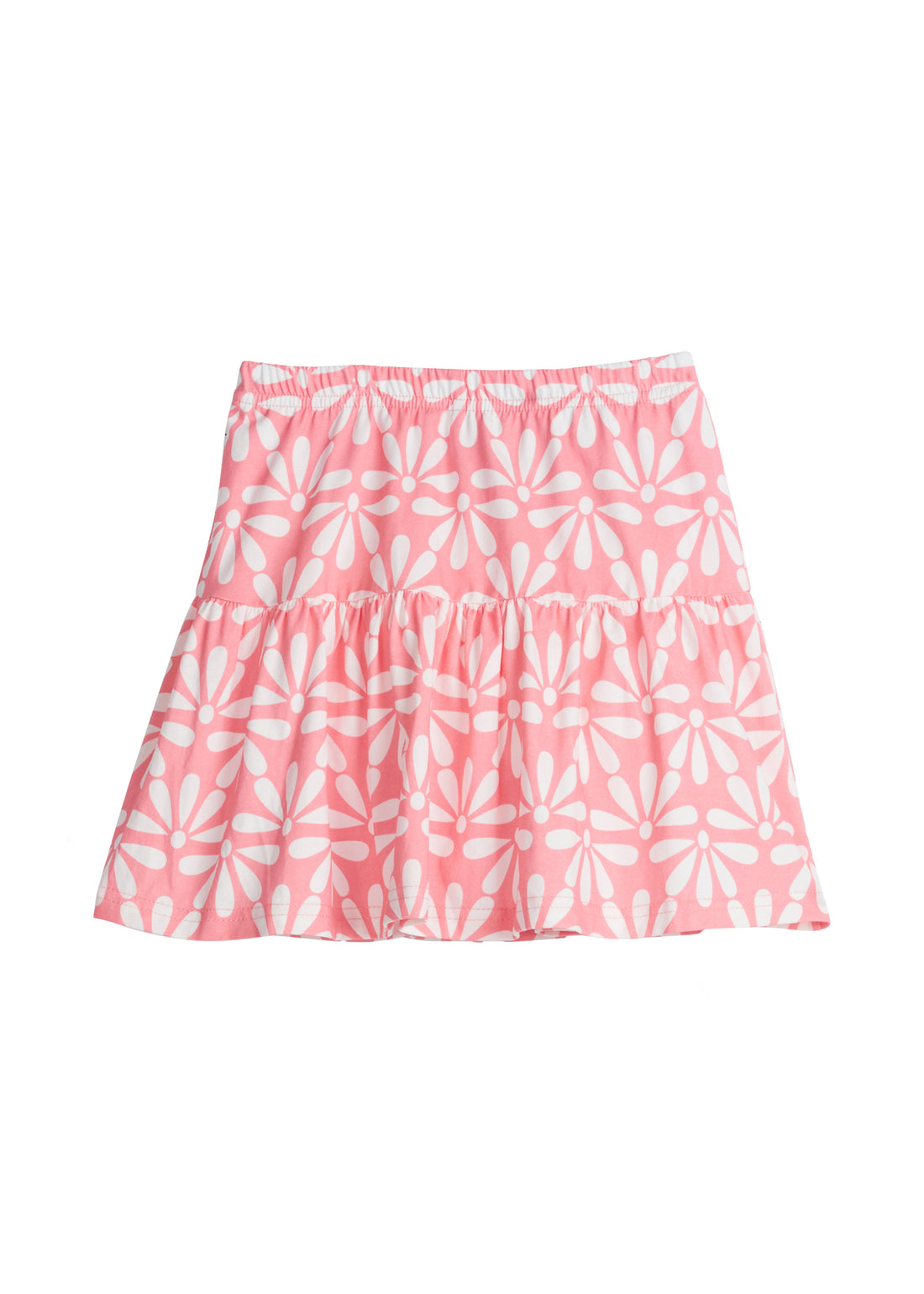 Girls/Tween knit skort in a salmon/pink and white floral pattern. Skort has built in shorts for a secure but comfy fit. 