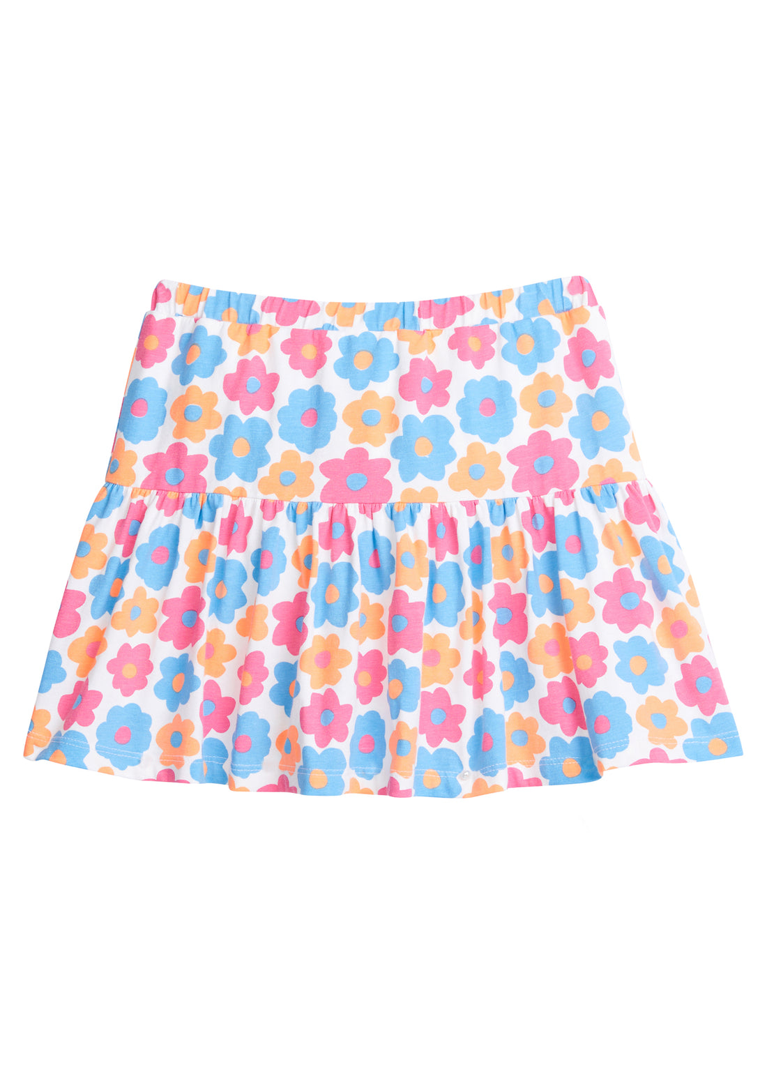 Girl/tween knit skort, with built in shorts, elastic waistband, and slight ruching along bottom. Skort is a colorful floral print with orange, pink, and blue flowers printed across it.