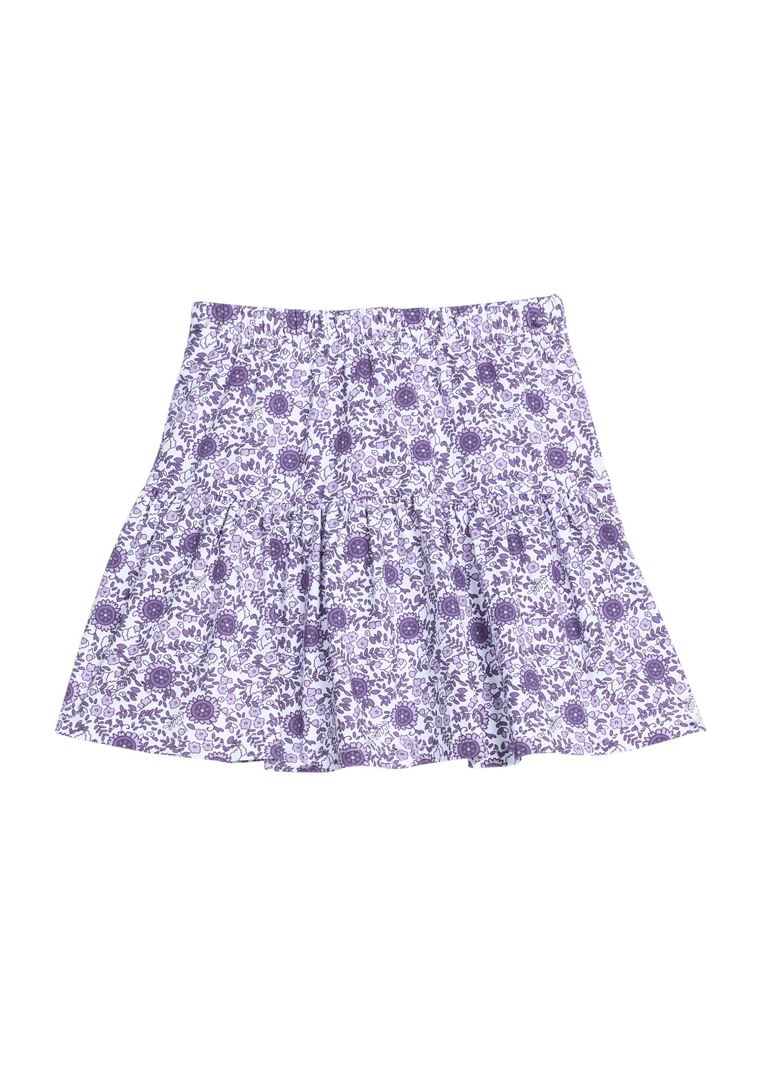Girls/tween purple floral print knit skort that features an elastic waistband and built in shorts for a secure but relaxed fit.