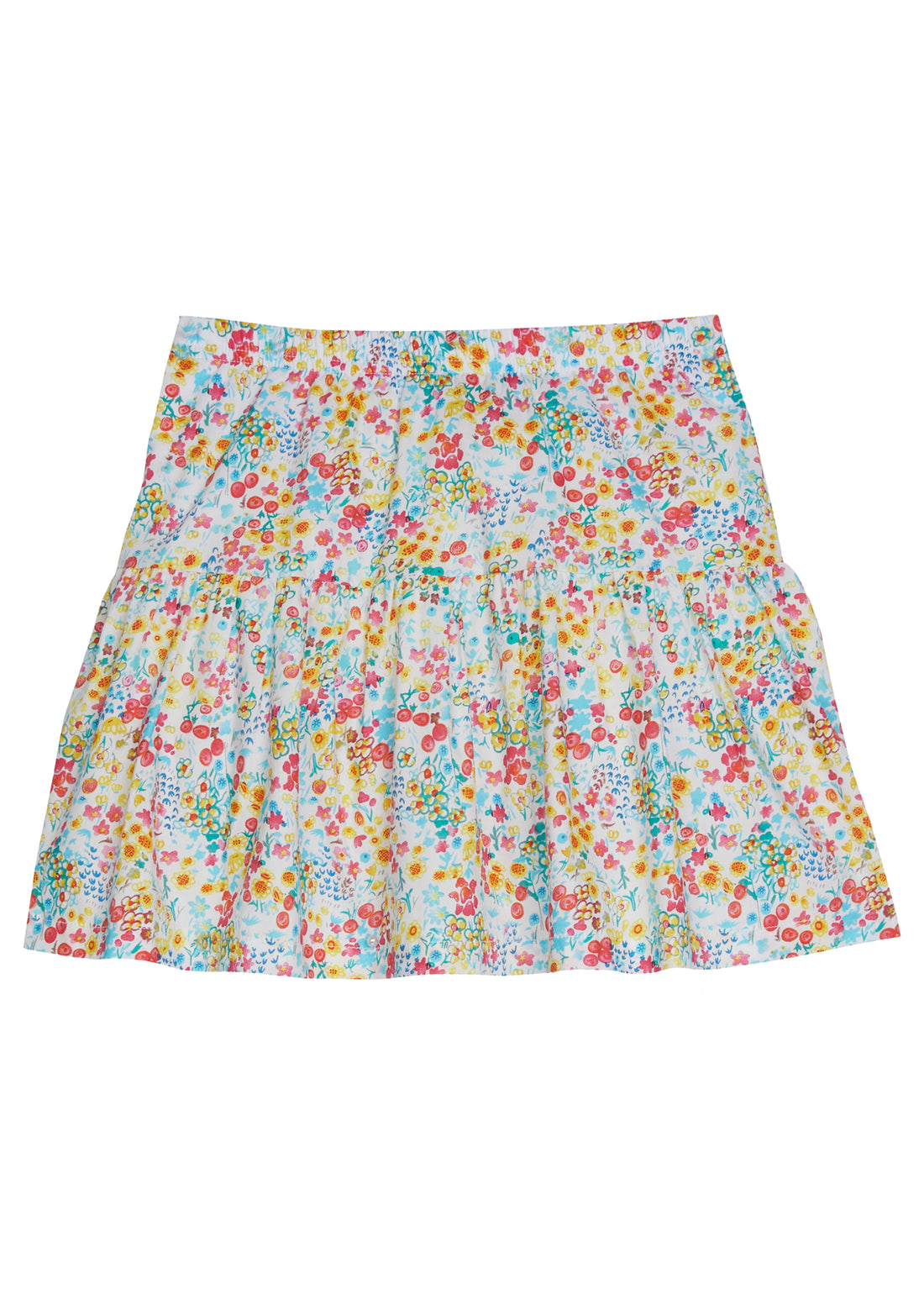 Girl/tween skort with built in shorts, elastic waistband, and ruching along bottom half. Skort has a floral print that contains yellow, red, and blue flowers.