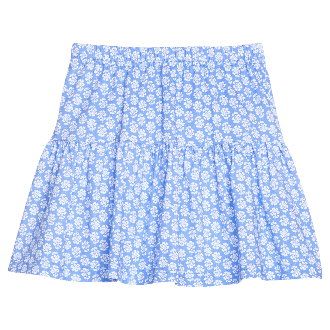 BISBY girl knit skort in a blue and white floral print. Skort features an elastic waistband and built in shorts for a secure but relaxed fit. 