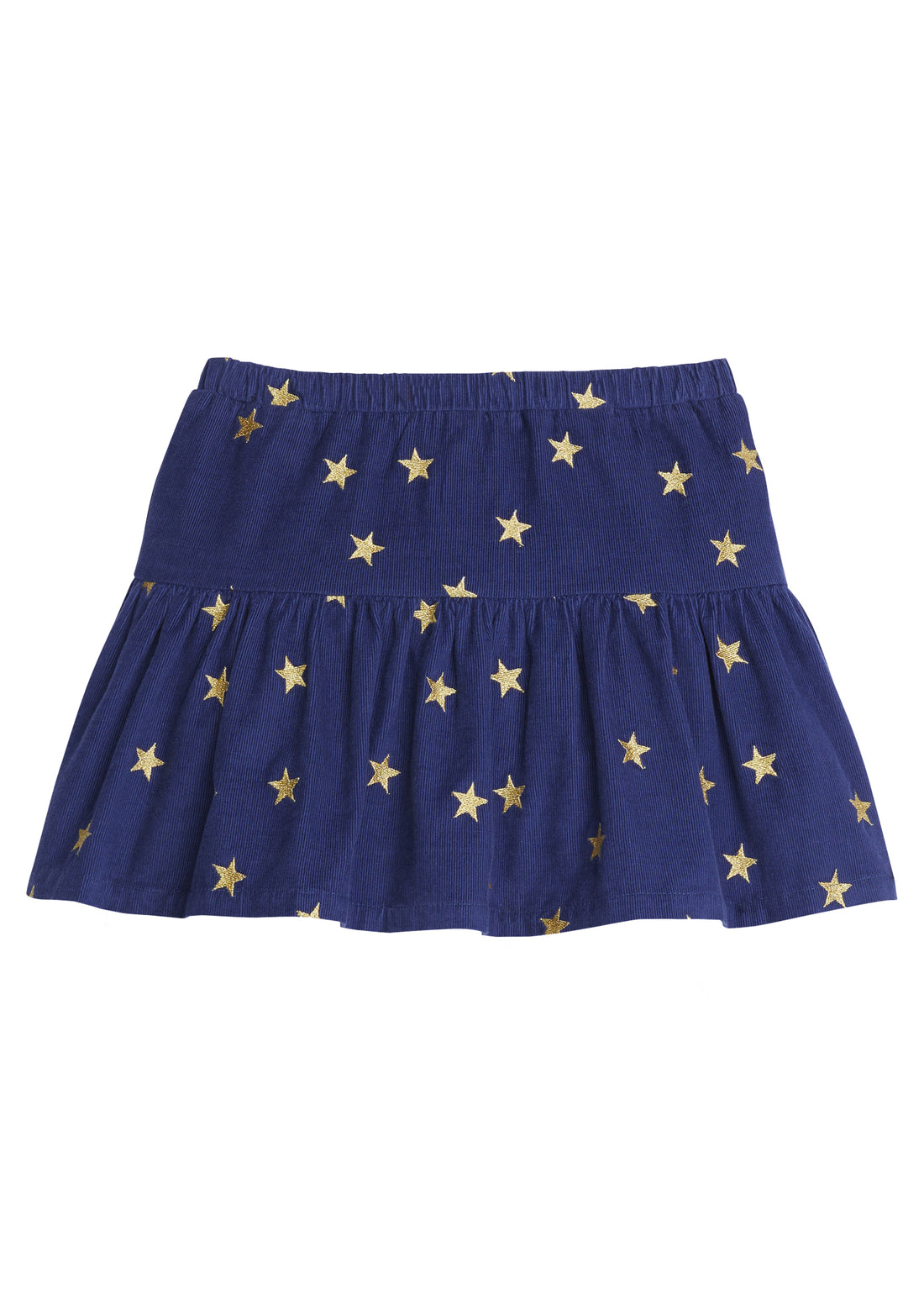 Girls/Tween  skort in our Shoot For the Stars pattern which has gold stars printed on a navy background. Material is made from a lightweight corduroy fabric, has an elastic waistband, and built in shorts for a comfy and relaxed fit-BISBY