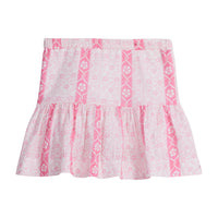 Girls/Tween woven skort with hot pink/light pink/white floral pattern. Skort has an elastic waistband and built in shorts for a secure but comfy fit. 