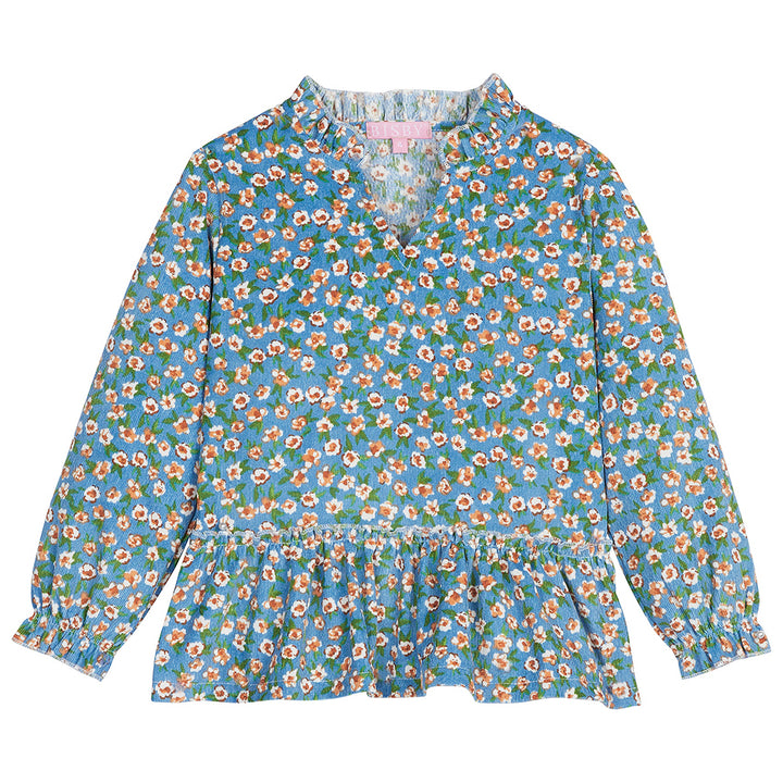 Turquoise ruffle neckline/ends of sleeves/waistband long sleeve corduroy top with orange/rust color flowers --SamanthaTop BISBY girls/teens