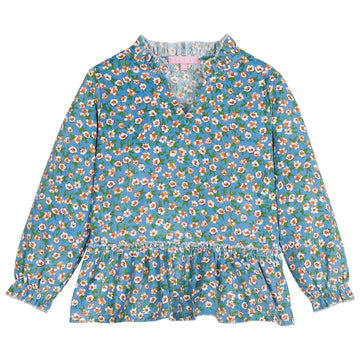 Turquoise ruffle neckline/ends of sleeves/waistband long sleeve corduroy top with orange/rust color flowers --SamanthaTop BISBY girls/teens