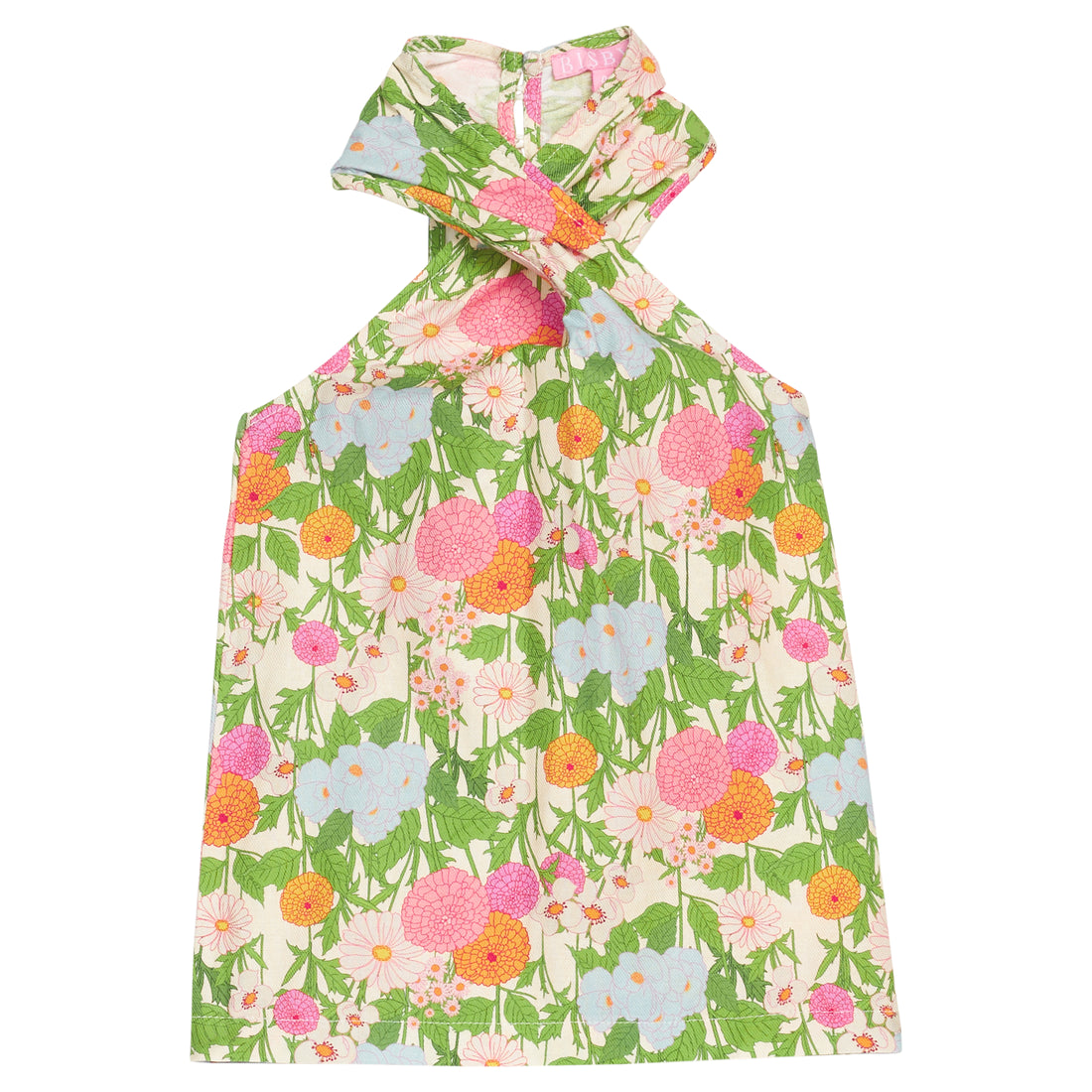 BISBY tween girl woven top in a green/orange/pink/light blue floral print. Top features a crossover neckline feature (scarf) with keyhole button closure at back for an elevated look. 