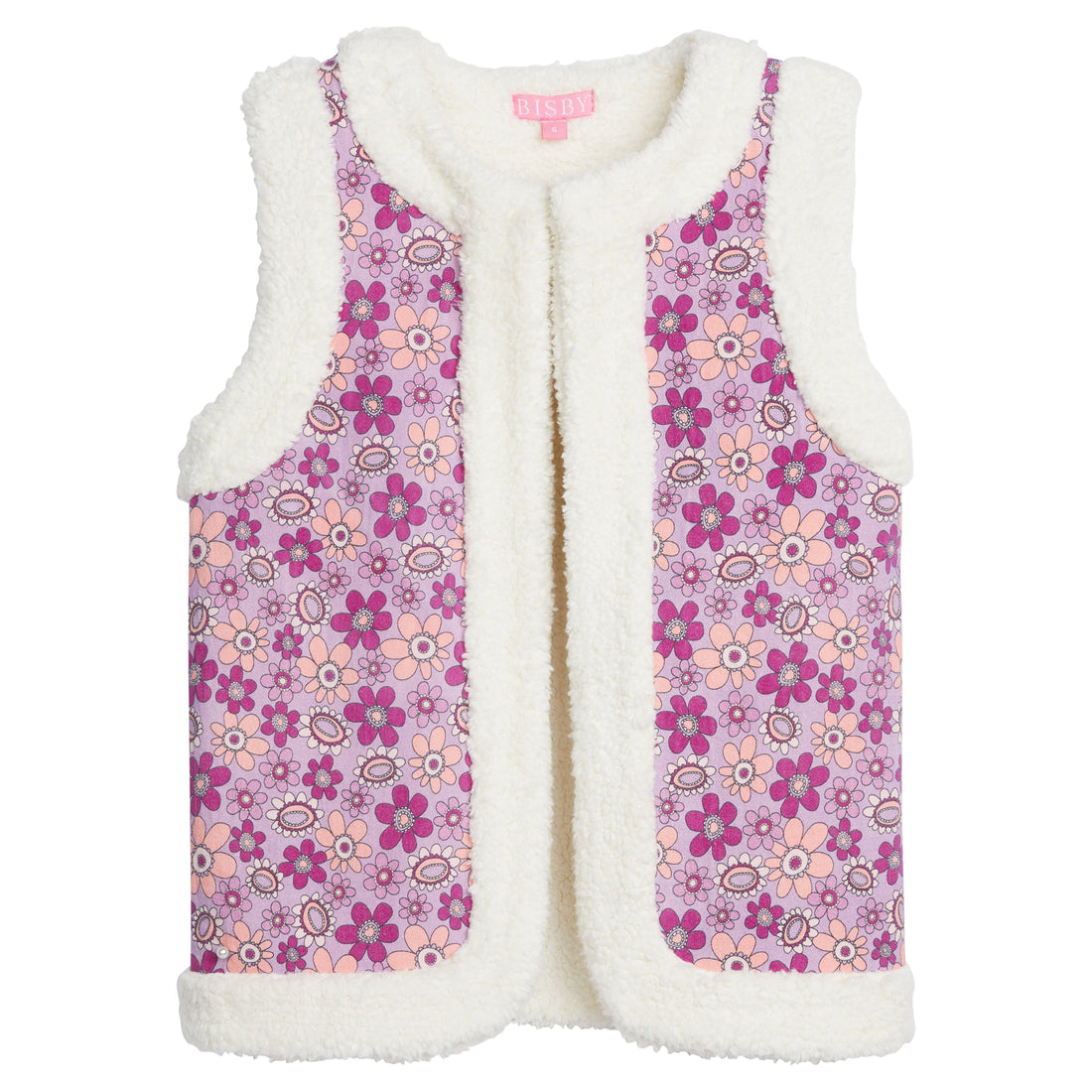 Girls/Tween vest in our Sherpa Petal pattern. Vest has a white sherpa interior with our petal floral pattern printed on the front. There is a button enclosure at the neckline for a more uniformed fit if needed-BISBY