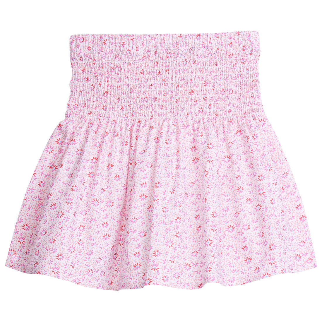 Tween skirt with ruching across top half, covered in light pink and hot pink daisies.