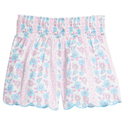 Girls/Tween woven shorts in an aqua and hot pink floral pattern. Shorts feature ruching/stretchy elastic waistband and also has a nice scalloped detail along bottom for a flowy look. 