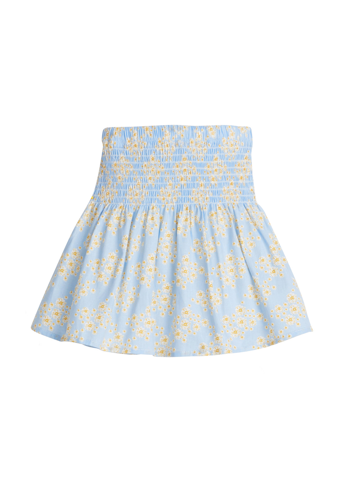 Girls/Tween woven skirt with ruching across top half in a light blue/yellow/white floral print.