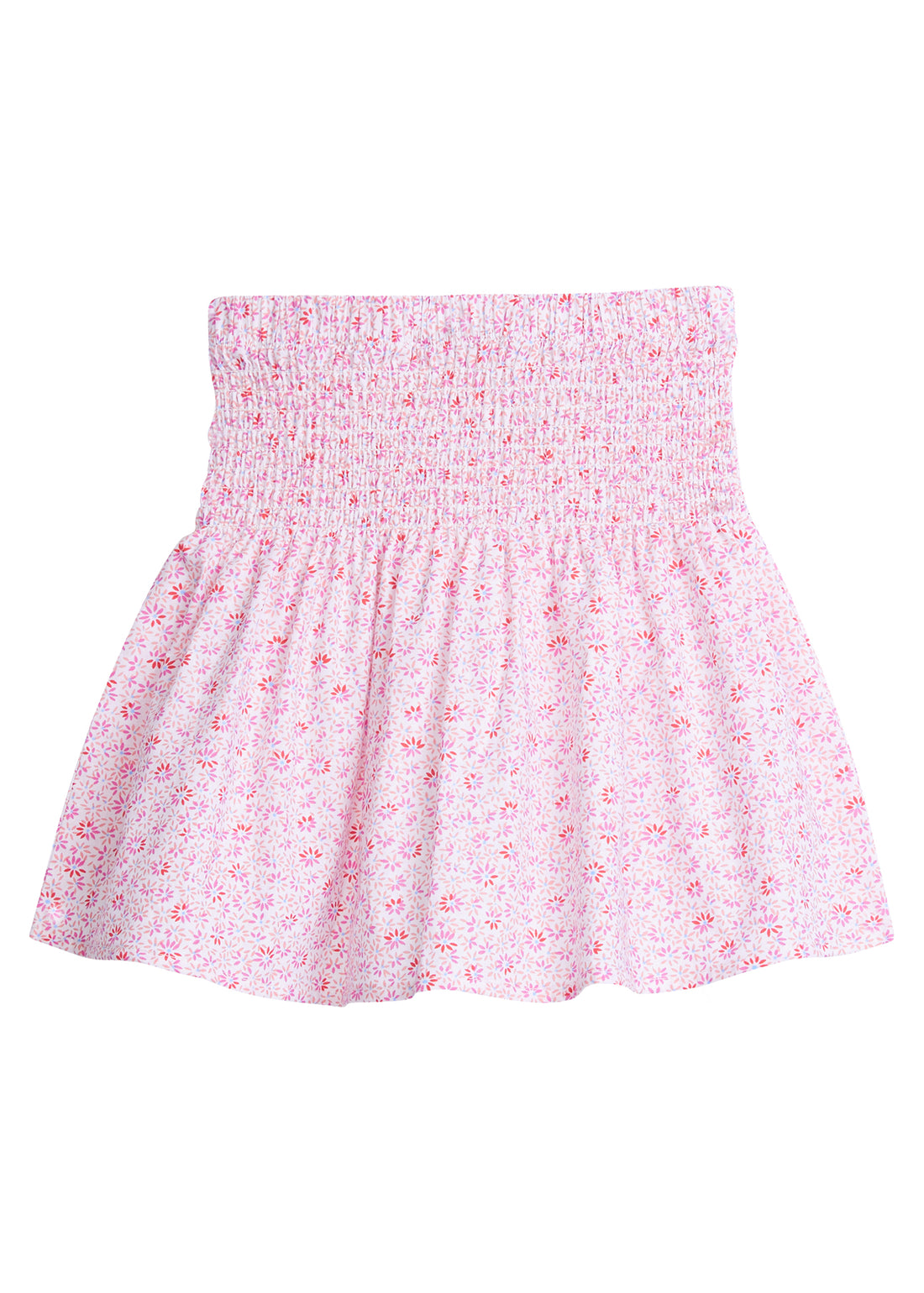 Tween skirt with ruching across top half, covered in light pink and hot pink daisies.