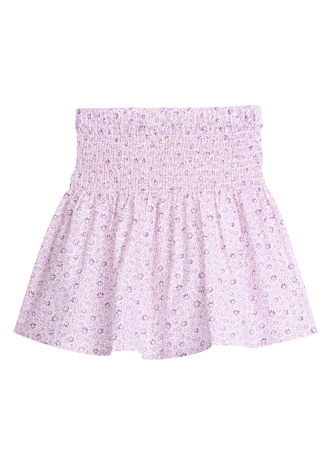 Tween skirt with ruching across top half, covered in light purple and darker purple daisies.