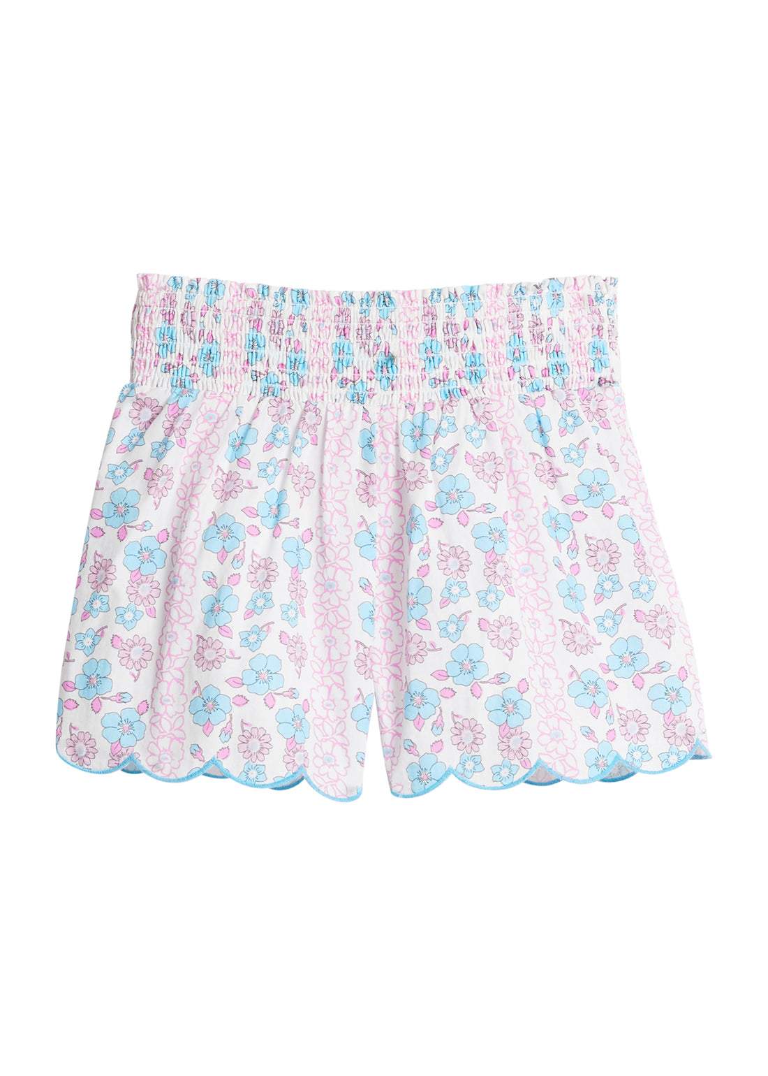 Girls/Tween woven shorts in an aqua and hot pink floral pattern. Shorts feature ruching/stretchy elastic waistband and also has a nice scalloped detail along bottom for a flowy look. 