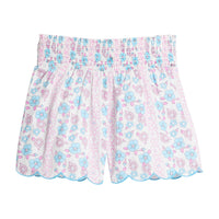 Girls/Tween woven shorts in an aqua and hot pink floral pattern. Shorts feature ruching/stretchy elastic waistband and also has a nice scalloped detail along bottom for a flowy look. 