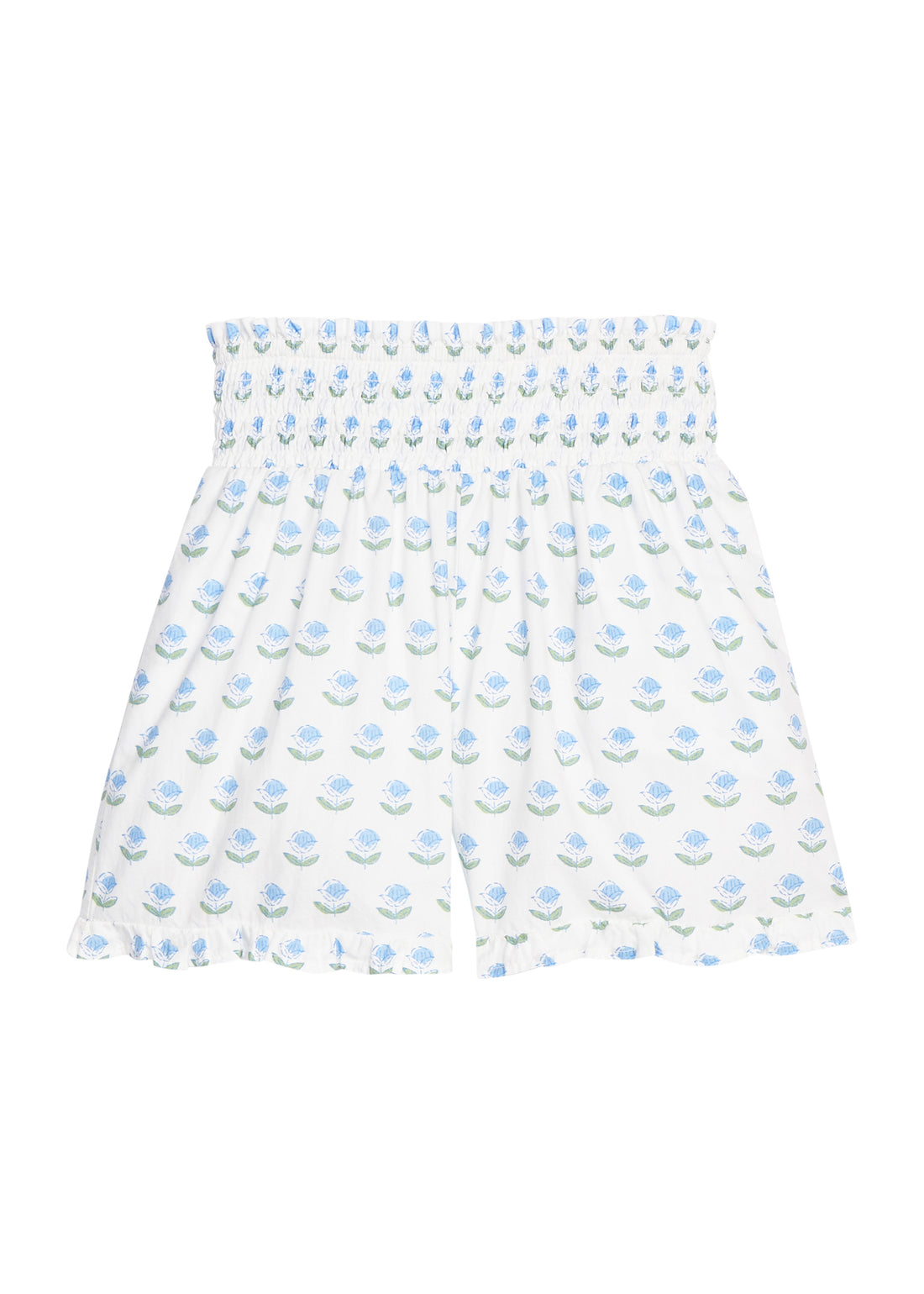 BISBY girl woven white shorts with a blue and green floral print. Shorts feature a smocked waistband, pockets, and a ruffled bottom hem for an elevated look. 