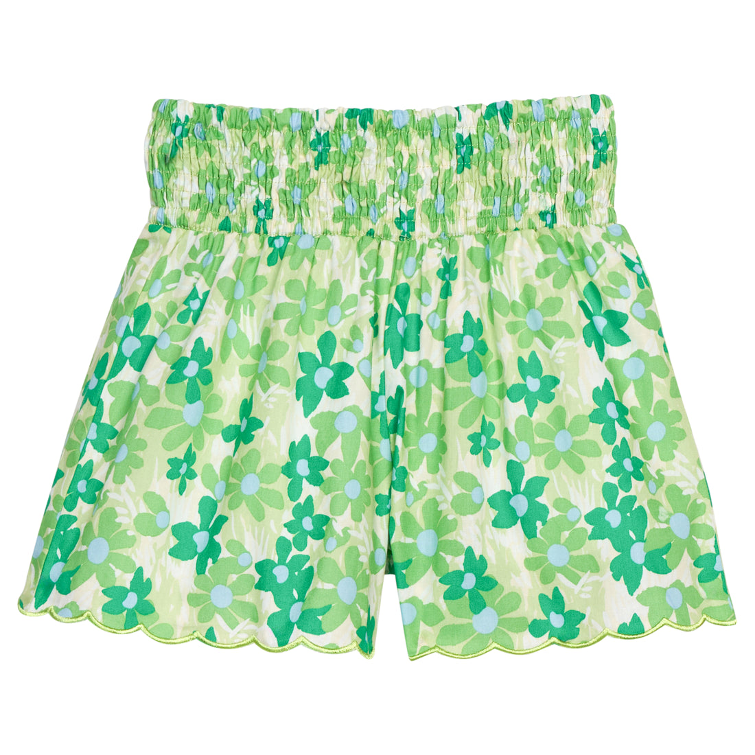 BISBY girl woven shorts with a blue and green floral print. Shorts feature a smocked waistband, pockets, and a scalloped bottom hem for an elevated look. 