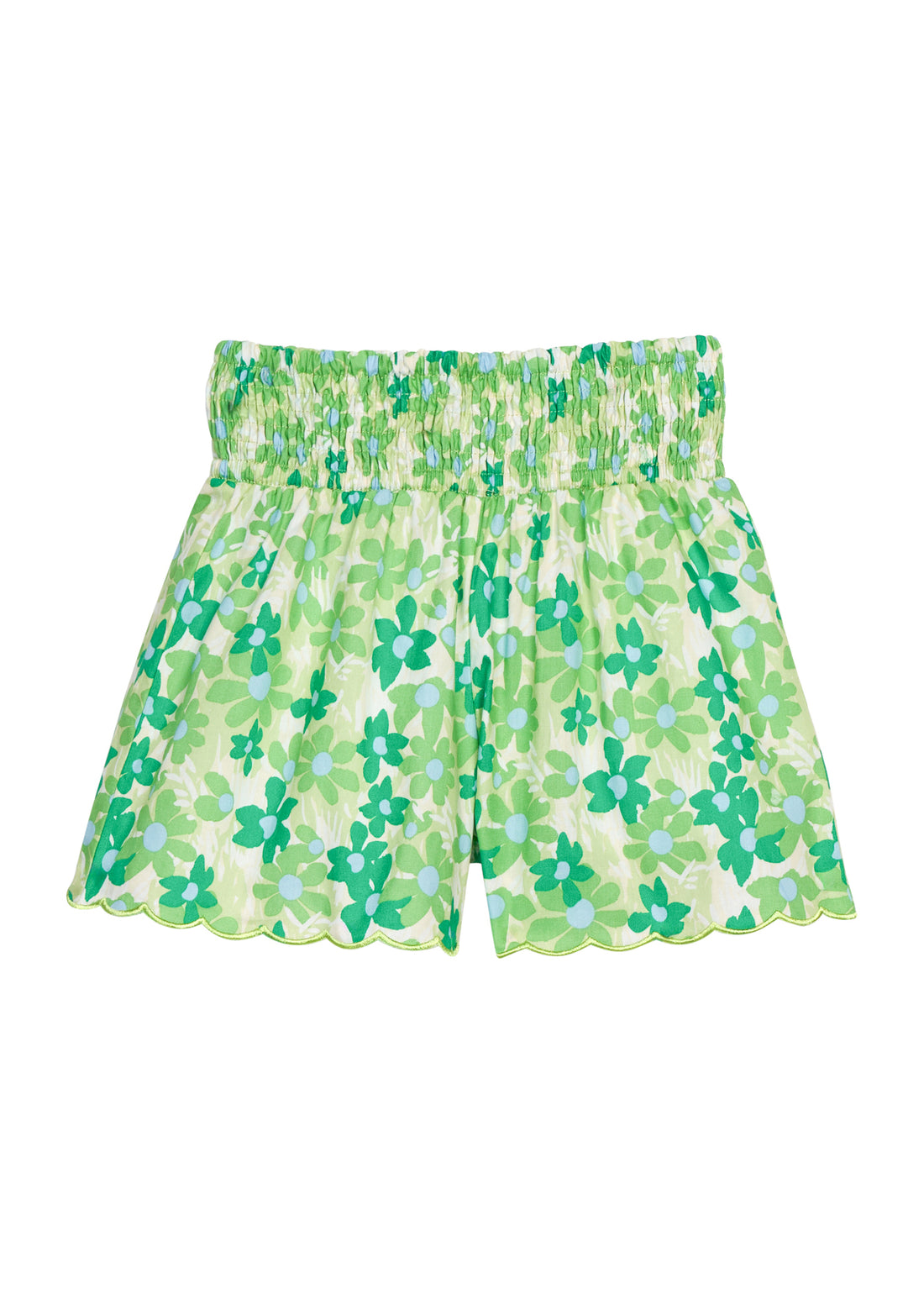 BISBY girl woven shorts with a blue and green floral print. Shorts feature a smocked waistband, pockets, and a scalloped bottom hem for an elevated look. 