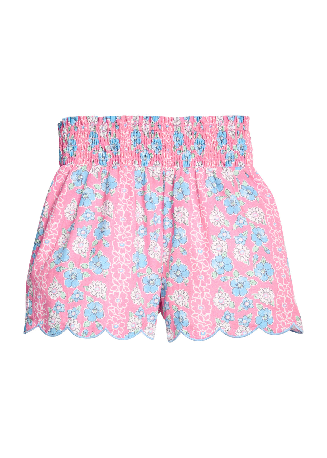 BISBY girl woven white shorts with a pink/blue/white floral print. Shorts feature a smocked waistband, pockets, and a scallop bottom hem for an elevated look. 