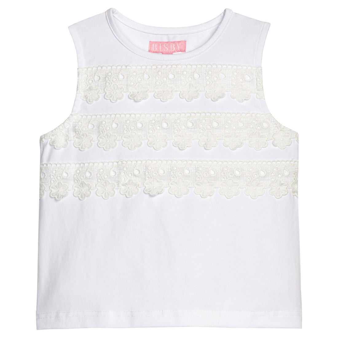 BISBY girl knit white tank top. Top features a lace strip detail across bust of shirt for an elevated look. 