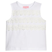 BISBY girl knit white tank top. Top features a lace strip detail across bust of shirt for an elevated look. 