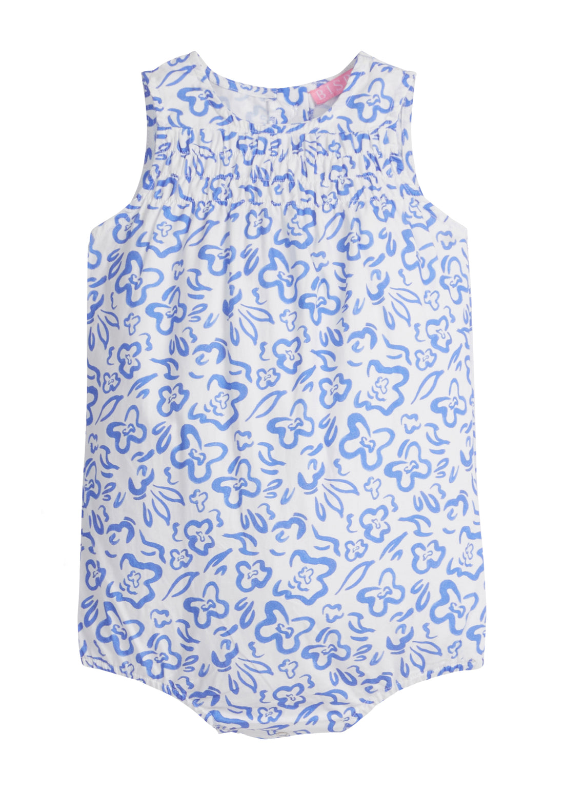 Baby girl woven bubble in a blue and white floral print. Bubble features button closure along back and stride for a secure but relaxed fit. 