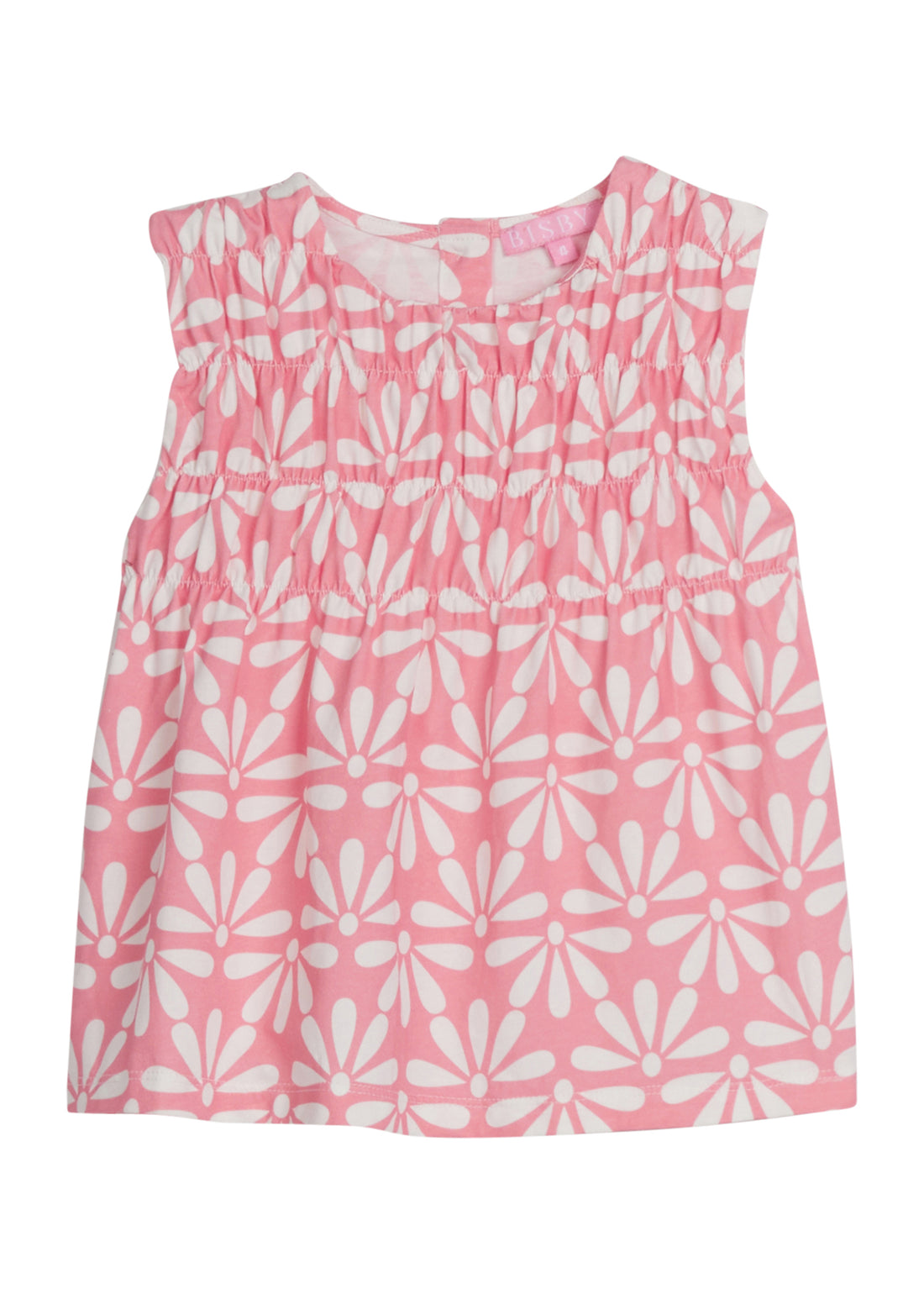 Girls/Tween sleeveless woven top in a salmon/pink and white floral print. Top features ruching at the bust and fans out for a relaxed comfy fit. 