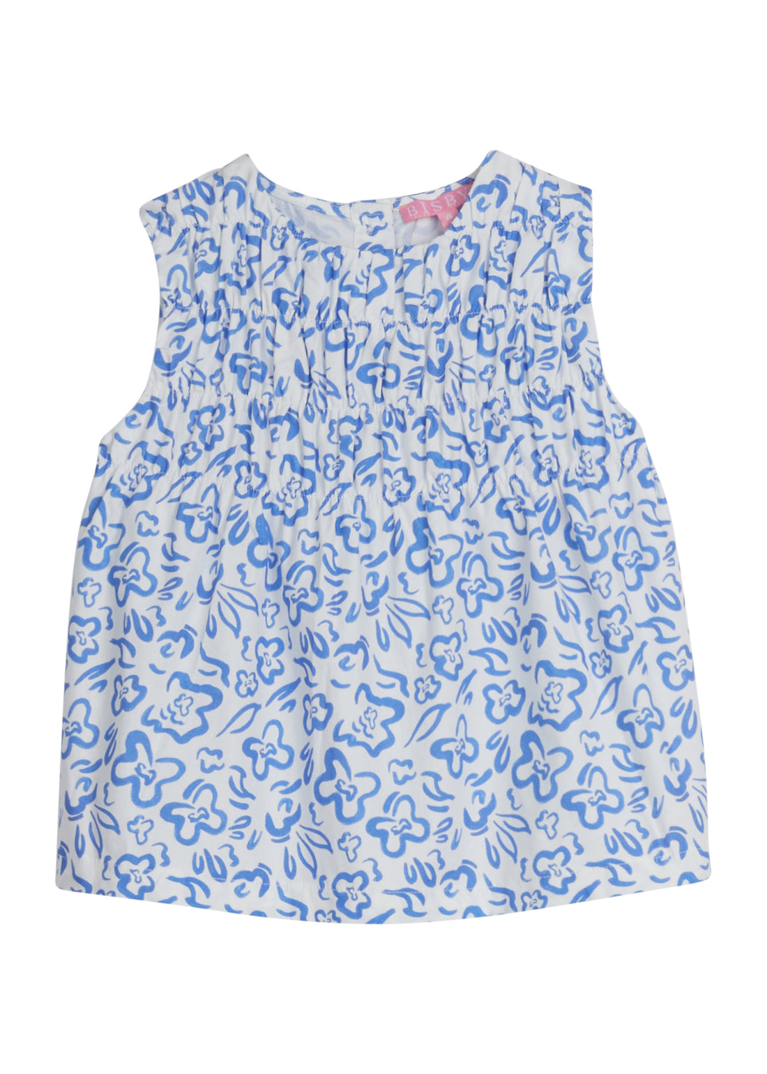 Girls/Tween sleeveless woven top in a blue and white floral print. Top features ruching at the bust and fans out for a relaxed comfy fit. 