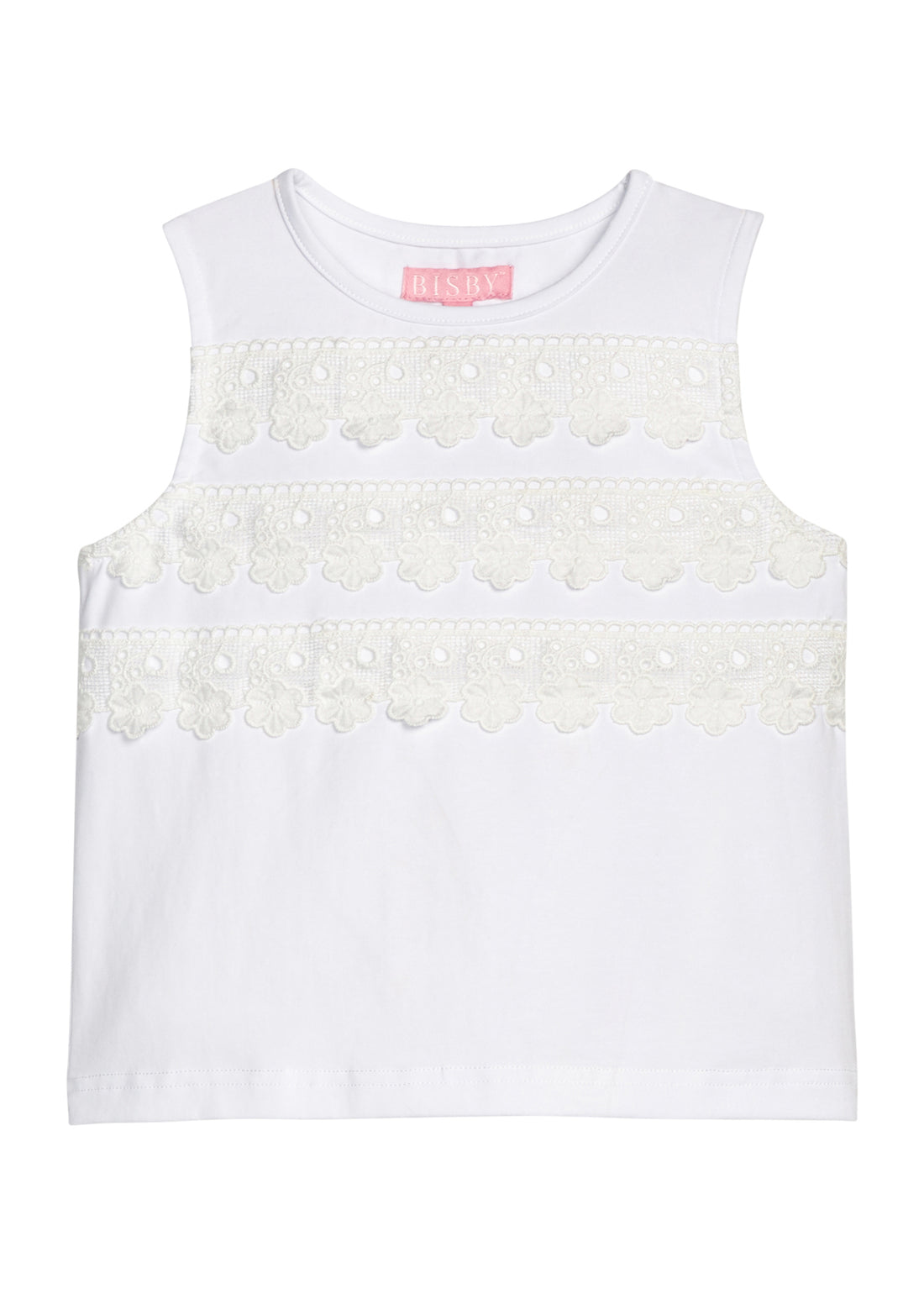 BISBY girl knit white tank top. Top features a lace strip detail across bust of shirt for an elevated look.