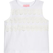 BISBY girl knit white tank top. Top features a lace strip detail across bust of shirt for an elevated look.