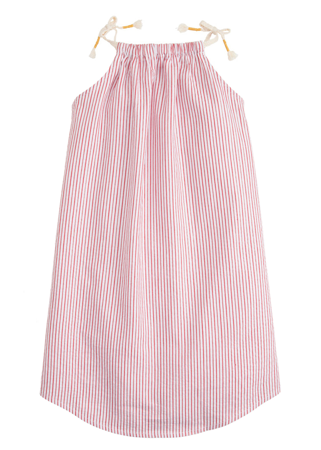 BISBY girls sloop dress in red sparkle seersucker with braided tassel ties