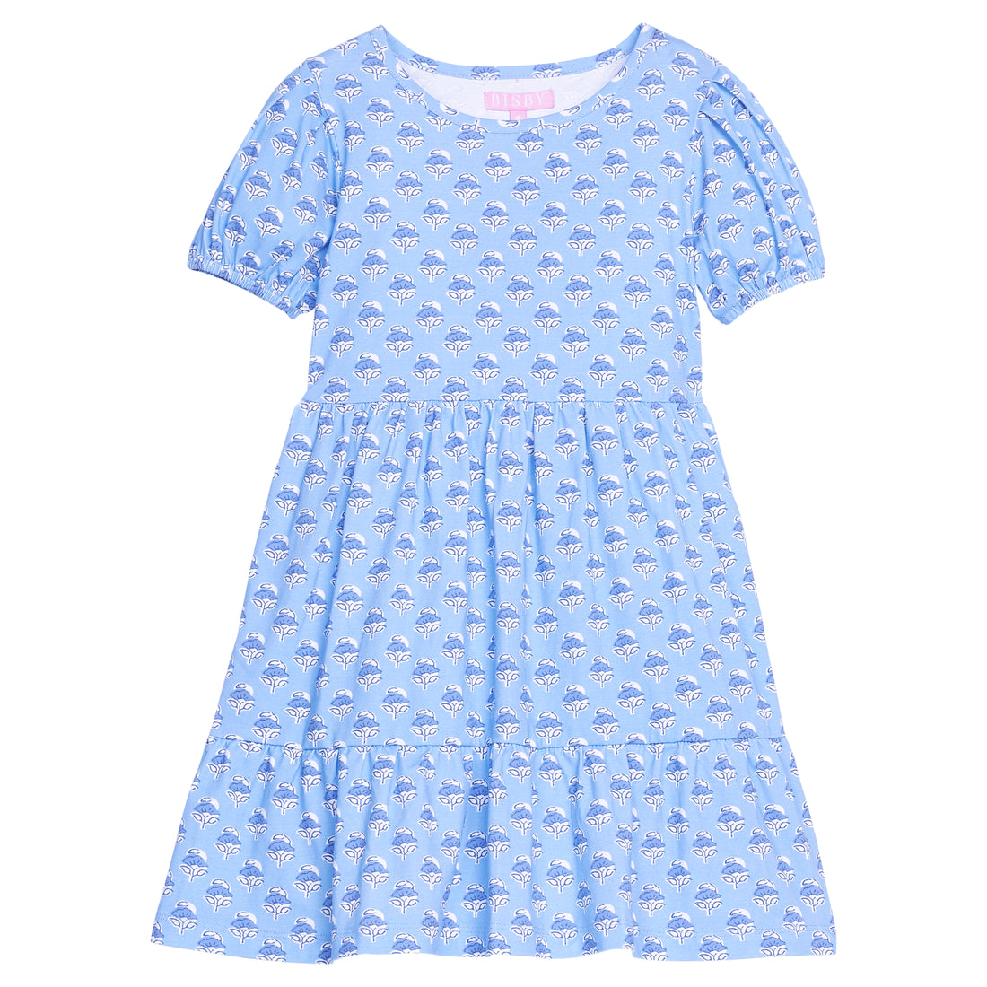 Girls/tween blue floral knit short sleeve dress that features elastic cuffs at sleeves and tier details to elevate the look. 