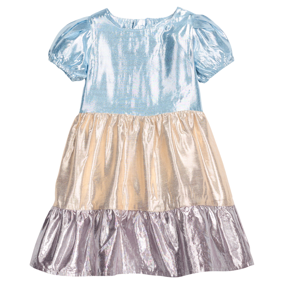 Girls/tween metallic woven short sleeve dress that features button closure at back of dress and blue/gold/purple metallic tiers to elevate the dress. 