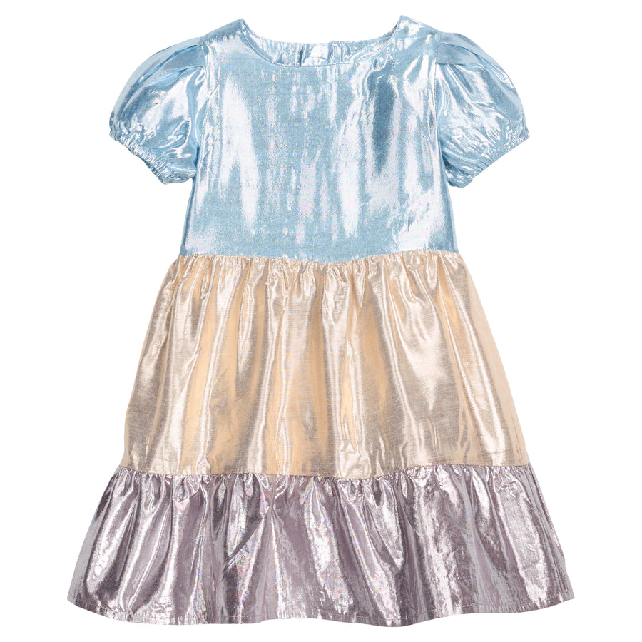 Girls/tween metallic woven short sleeve dress that features button closure at back of dress and blue/gold/purple metallic tiers to elevate the dress. 