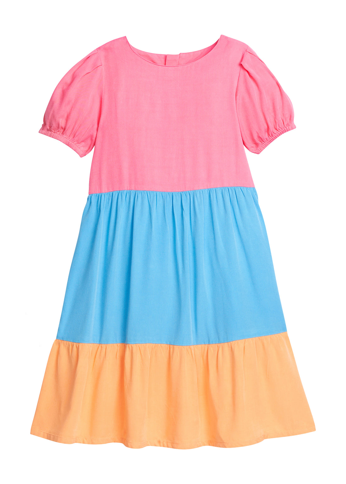 Girl color block rayon material dress that has elastic around sleeves and with the top section of dress in pink, middle section in blue, and bottom section in orange.