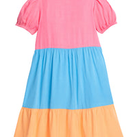 Girl color block rayon material dress that has elastic around sleeves and with the top section of dress in pink, middle section in blue, and bottom section in orange.