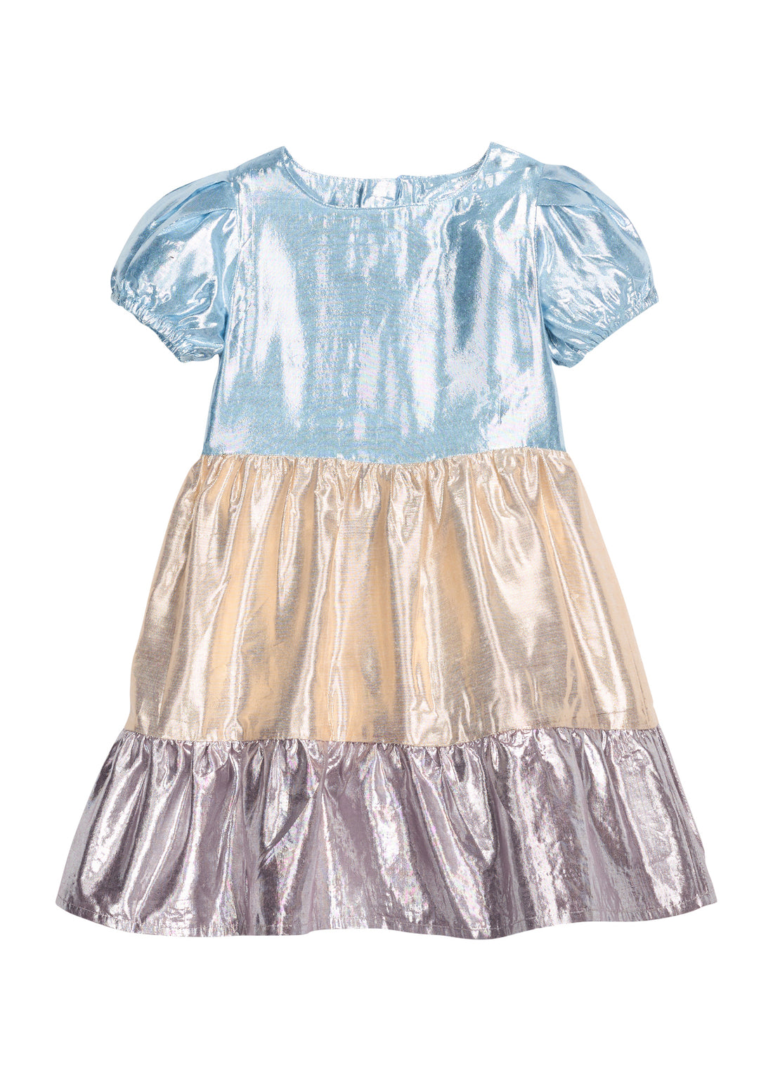 Girls/tween metallic woven short sleeve dress that features button closure at back of dress and blue/gold/purple metallic tiers to elevate the dress. 