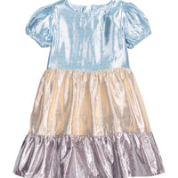 Girls/tween metallic woven short sleeve dress that features button closure at back of dress and blue/gold/purple metallic tiers to elevate the dress. 