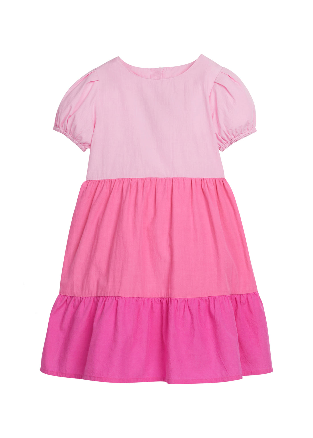 Girls/Tween color block woven dress with the top section in a light pink, middle tier in a pink color, and the bottom tier in a hot pink color. 